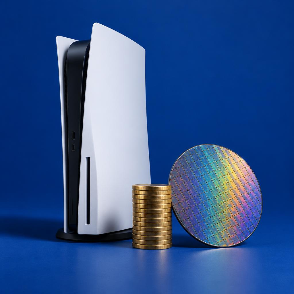 Conceptual editorial still life of a white game console beside a stack of gold coins and a silicon wafer, against a deep-blue backdrop.