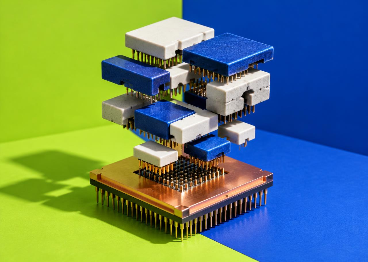 Conceptual modular processor sculpture with copper base and interlocking ceramic instruction blocks