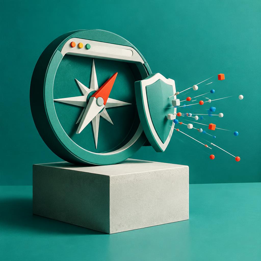 Conceptual editorial still life of a compass-shaped browser window sculpture with a shield deflecting small abstract tracker dots, against a teal backdrop.