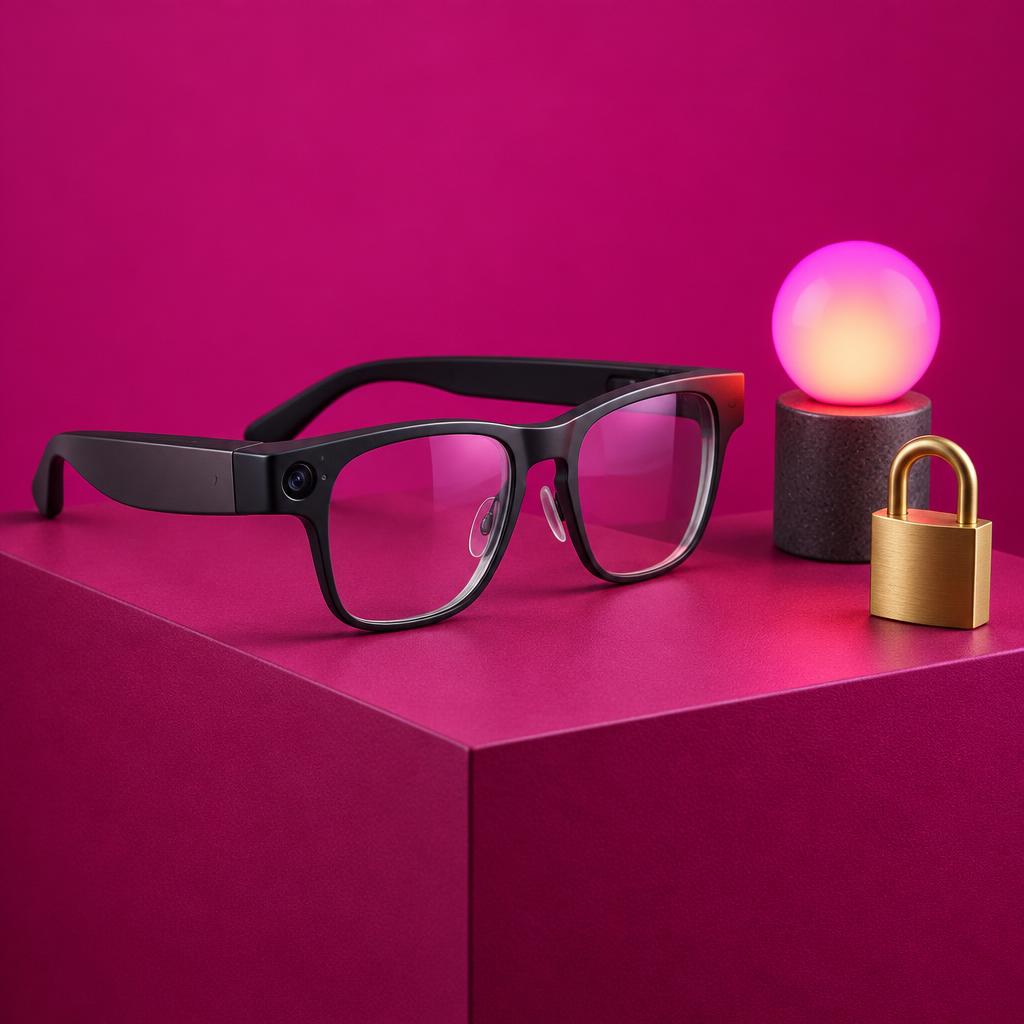 Conceptual editorial still life of black smart glasses with a small camera lens on a pedestal, next to a glowing indicator orb and a miniature brass padlock, against a magenta backdrop.