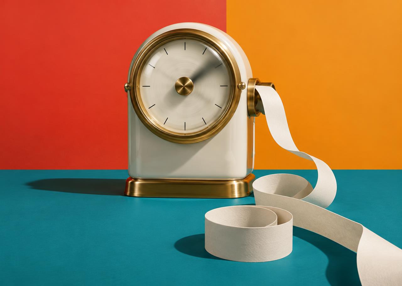 Editorial still life of a glossy ceramic meter with a spinning brass dial and a long paper receipt ribbon spilling onto a teal surface, against a red and orange color-blocked studio backdrop.
