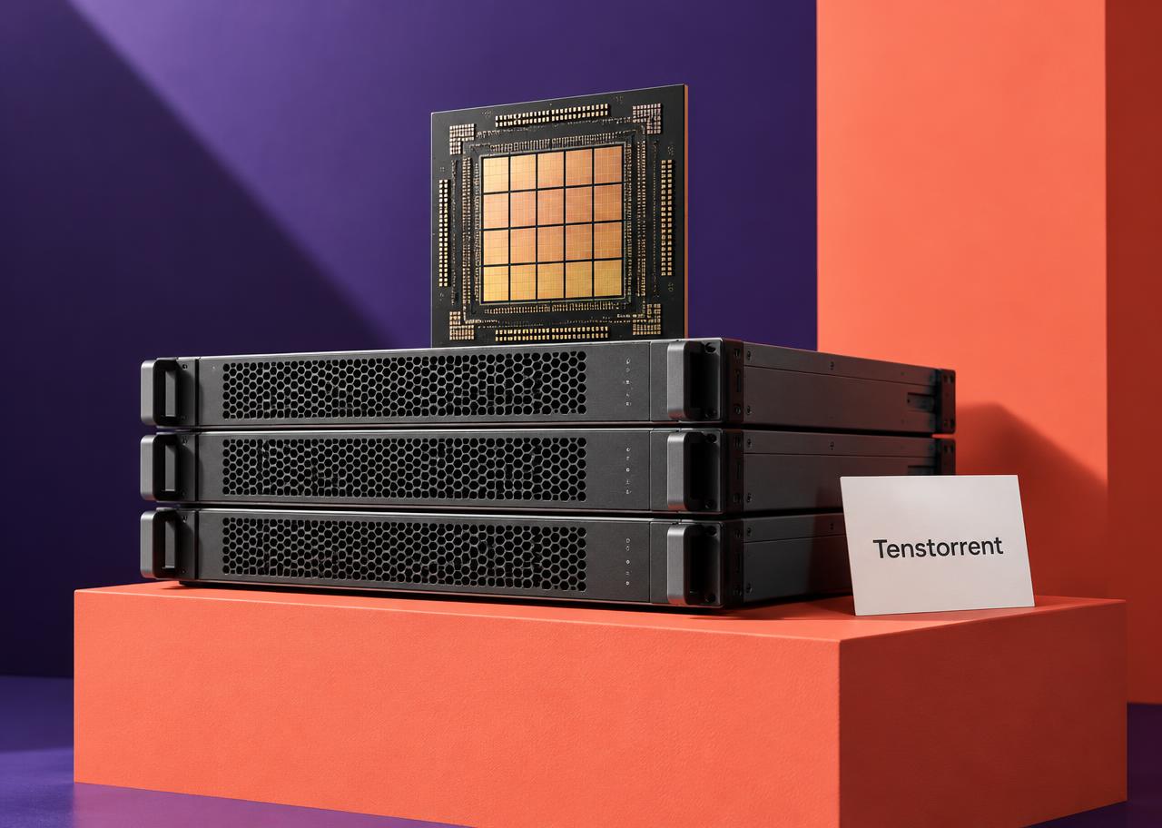 Original editorial still life of generic stacked AI servers and an abstract chip on a coral pedestal, with a plain card reading Tenstorrent; not a real product photo