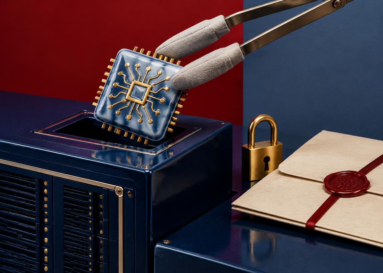 Original editorial still life of padded tongs lifting a glossy generic AI chip out of a navy server panel beside a brass padlock and a sealed document, on red and slate-blue blocks