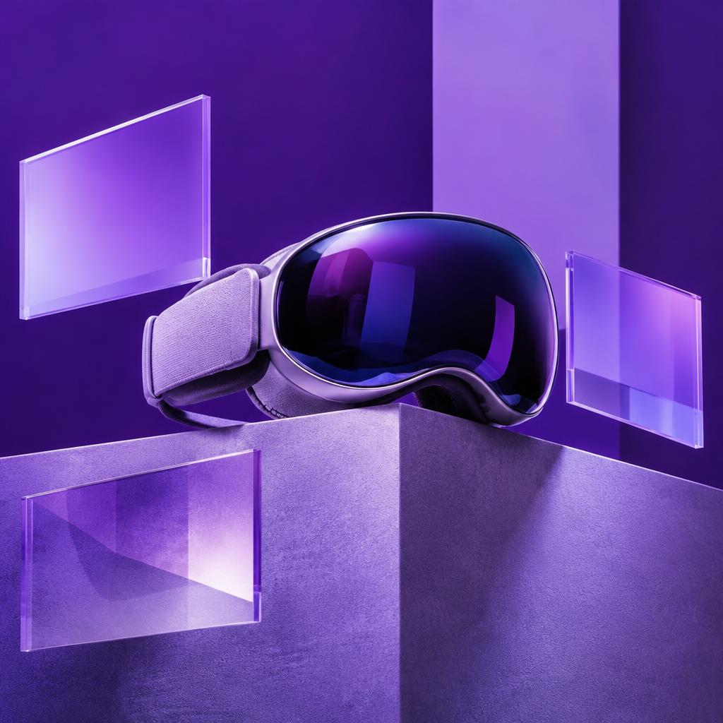 Conceptual editorial still life of a sleek mixed-reality headset on a pedestal with floating translucent glass panes, against a violet backdrop.
