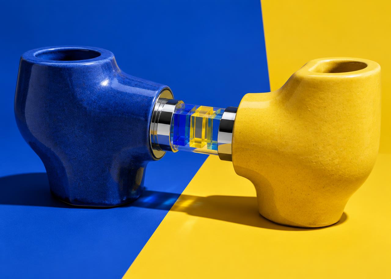 Conceptual ceramic software modules linked through a chrome connector and transparent data blocks