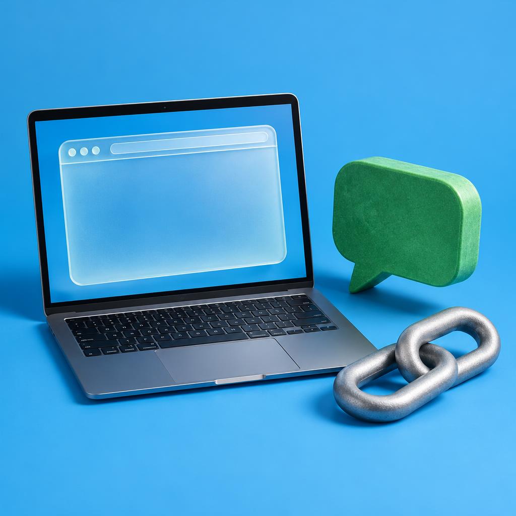 Conceptual editorial still life of a laptop showing a frosted-glass browser window, a green speech-bubble sculpture and a metal chain link, against a sky-blue backdrop.